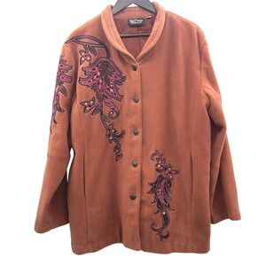 Vintage Bob Mackie Wearable Art Orange Embroidered Fleece Jacket Women's Size XL